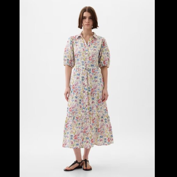 GAP Dresses & Skirts - GAP Multicolor Puff Sleeve Floral Midi Shirt Dress Size XXL